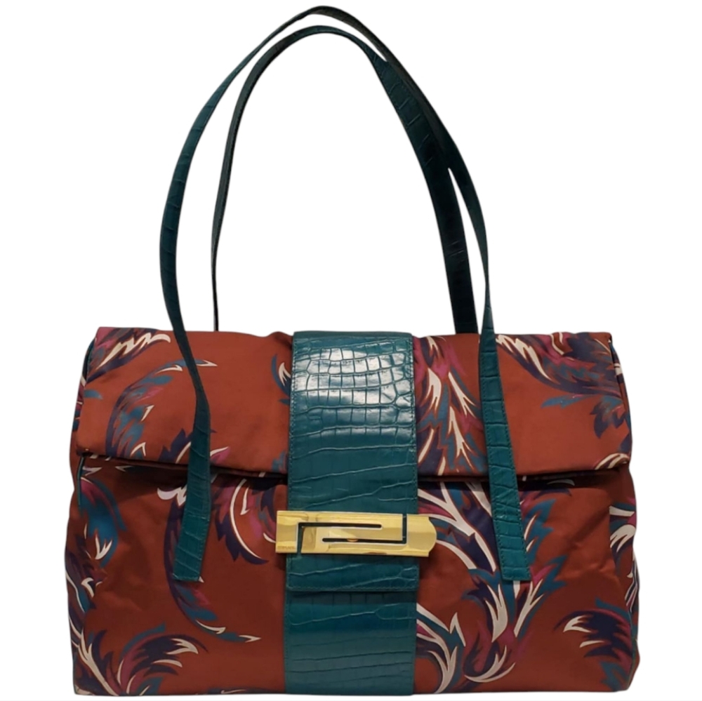 Versace Multicolor Floral Print Fabric and Croc Embossed Leather Flap Tote‎
